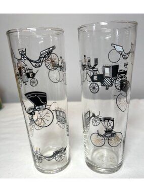 Pair Vtg LIbby Black Gold Carriage Drinking Glasses High Ball Bar Tom CollinsPre
